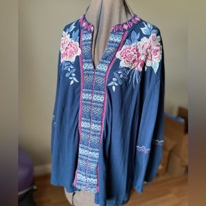 johnny Was long sleeve navy flowy top